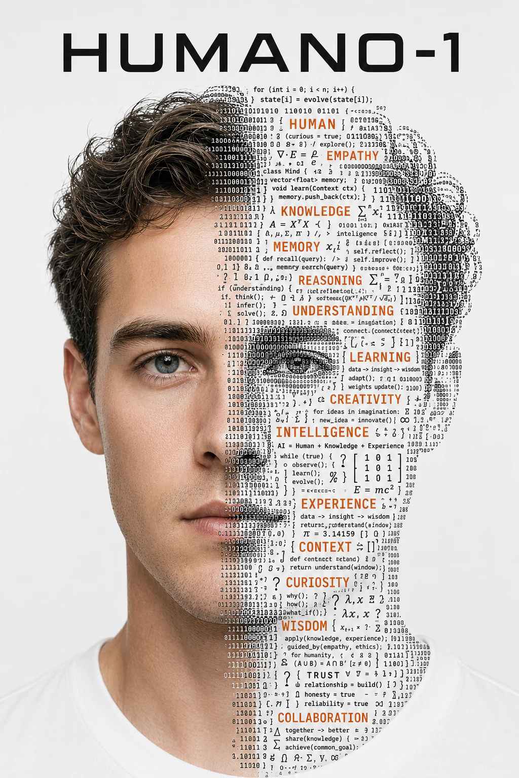 A portrait blending a human face with code and concepts including empathy, memory, creativity, and understanding.